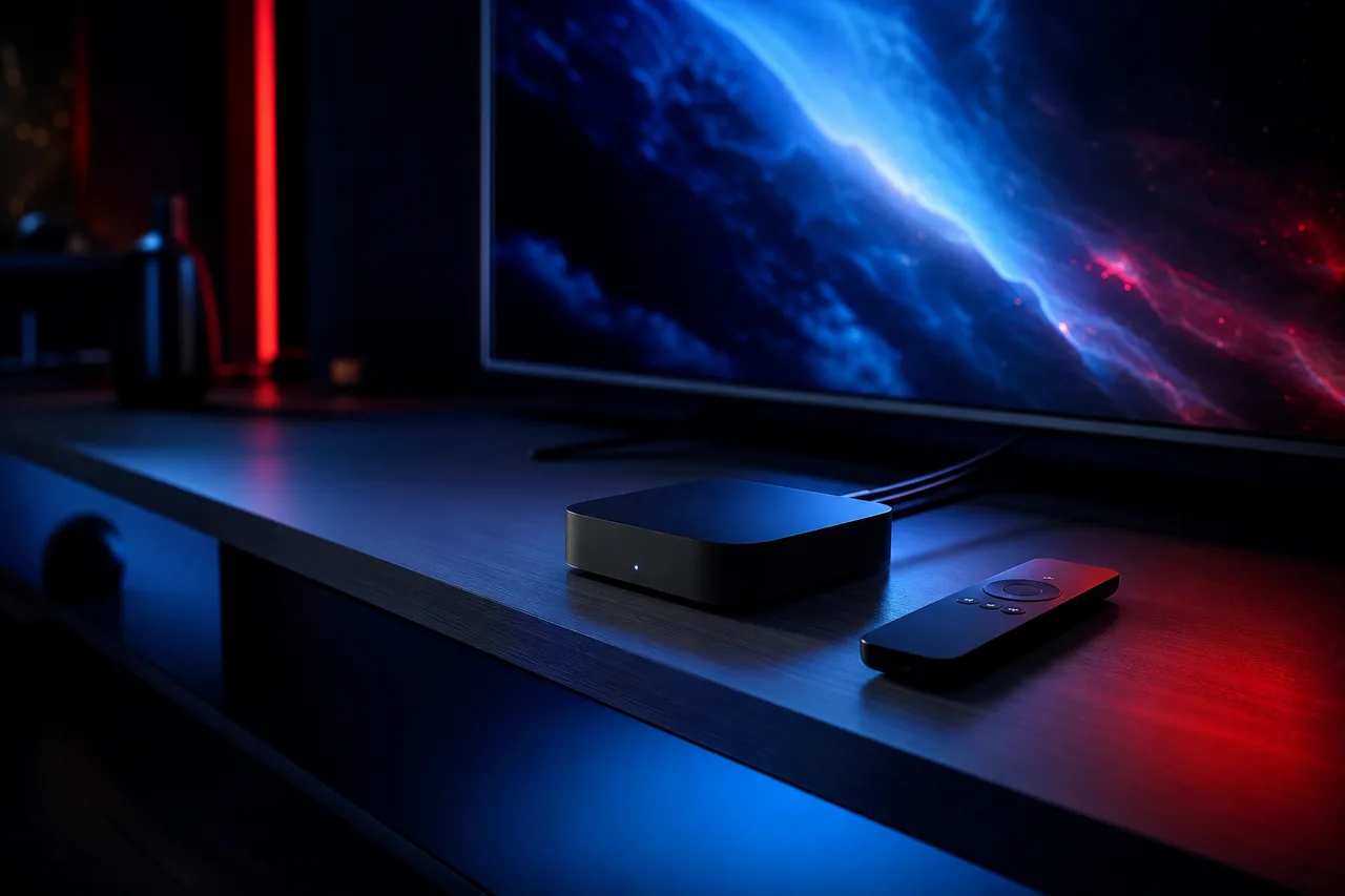 Apple TV box beside a television with an iPhone used as a second screen
