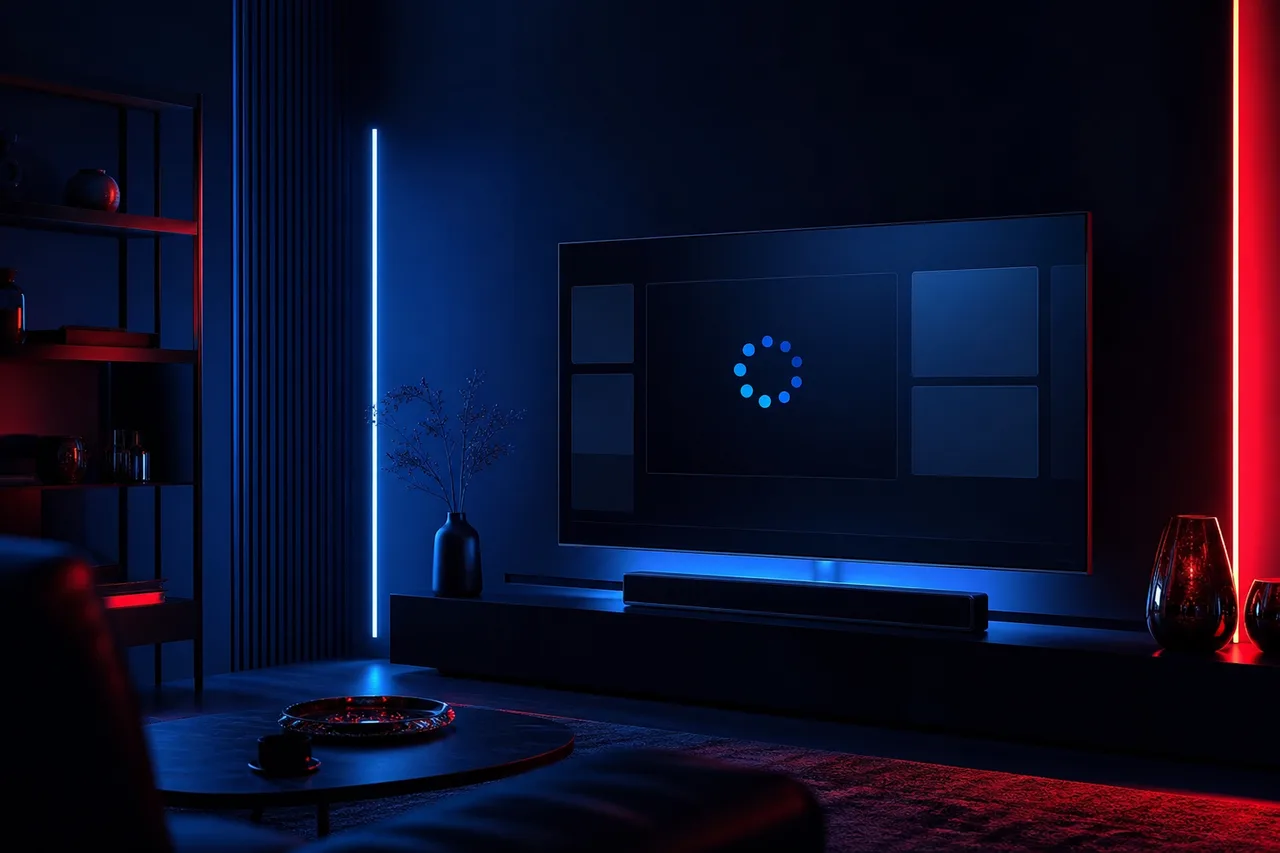 Family living room in the evening with an IPTV stream paused on the TV while phones and laptops are in use