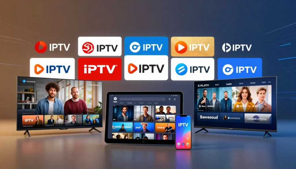 Smart TV in a living room showing an IPTV player menu