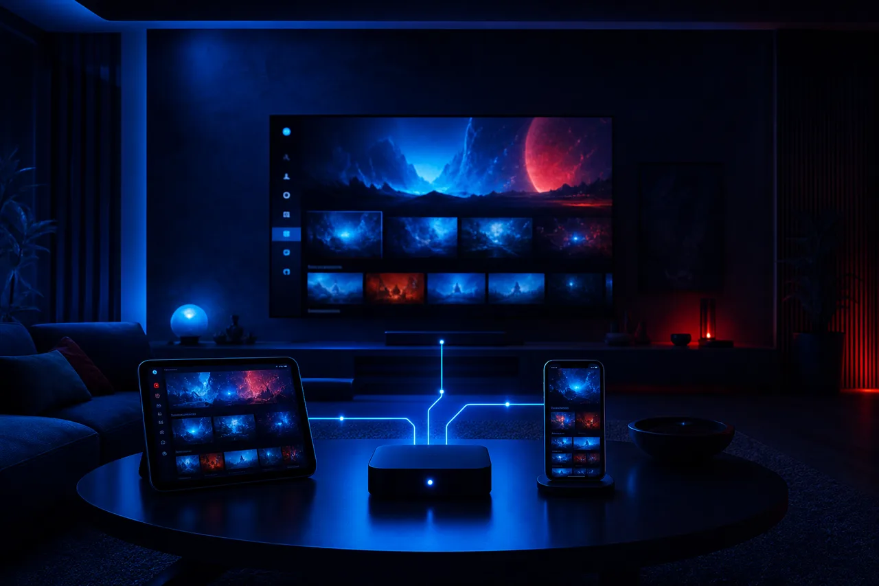 Diagram-style living room scene showing a router, a streaming device and a TV playing a channel